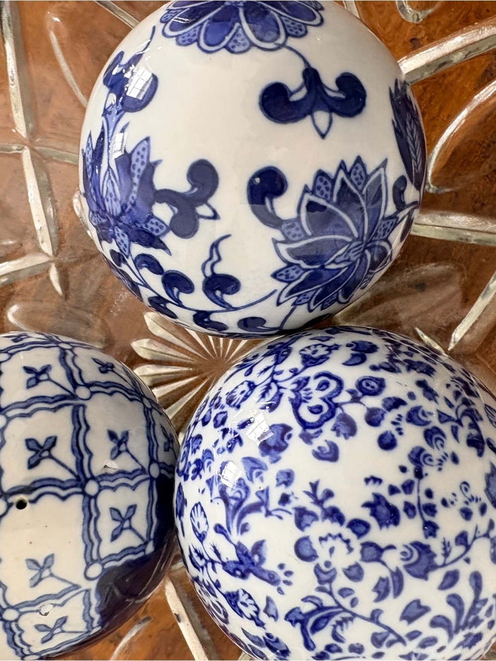 Vintage Blue & White Decorative Carpet Porcelain Balls - Set of 3